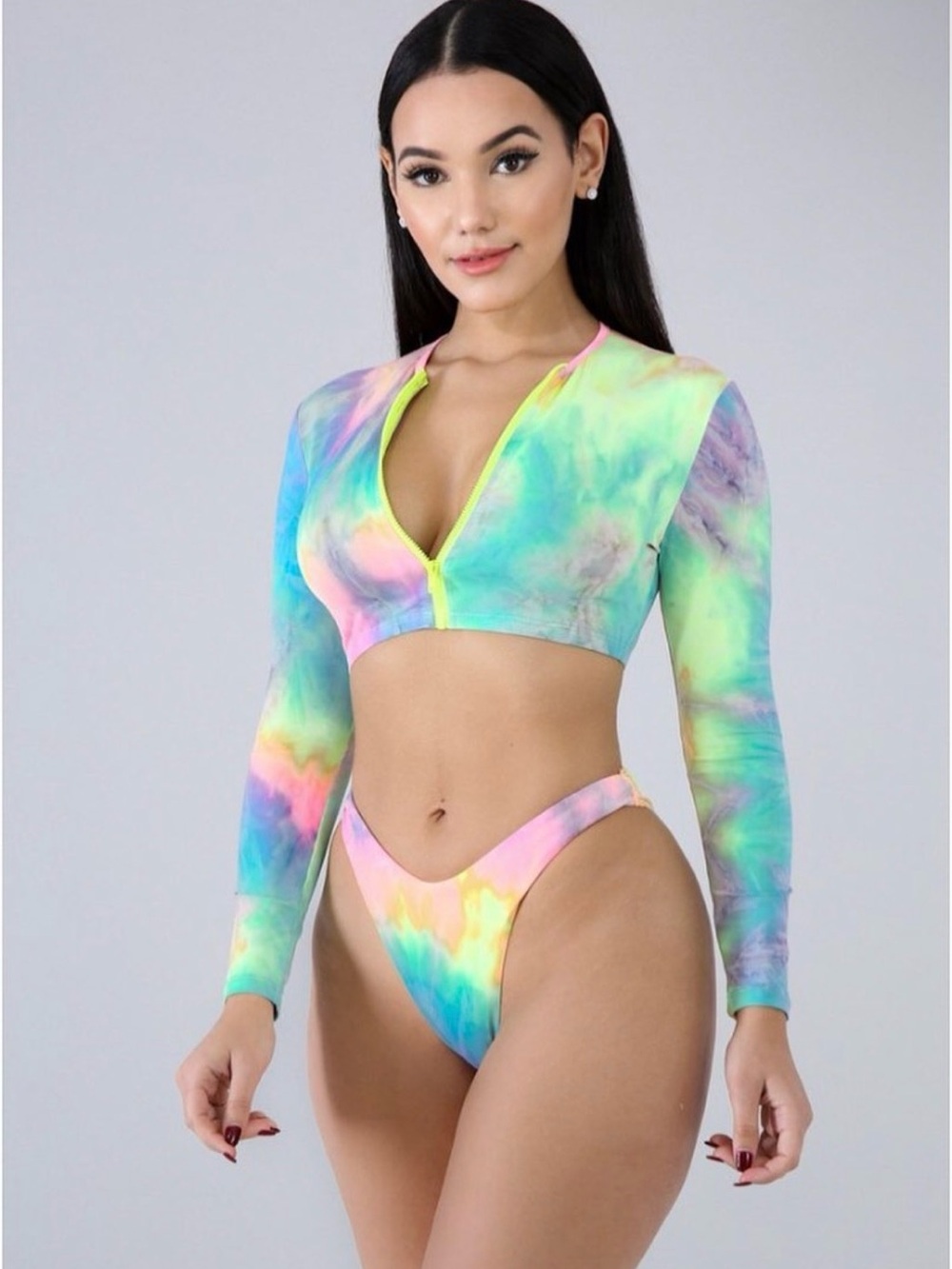 Long Sleeve Tie-Dye Bikini Set - Pastel Multicolor